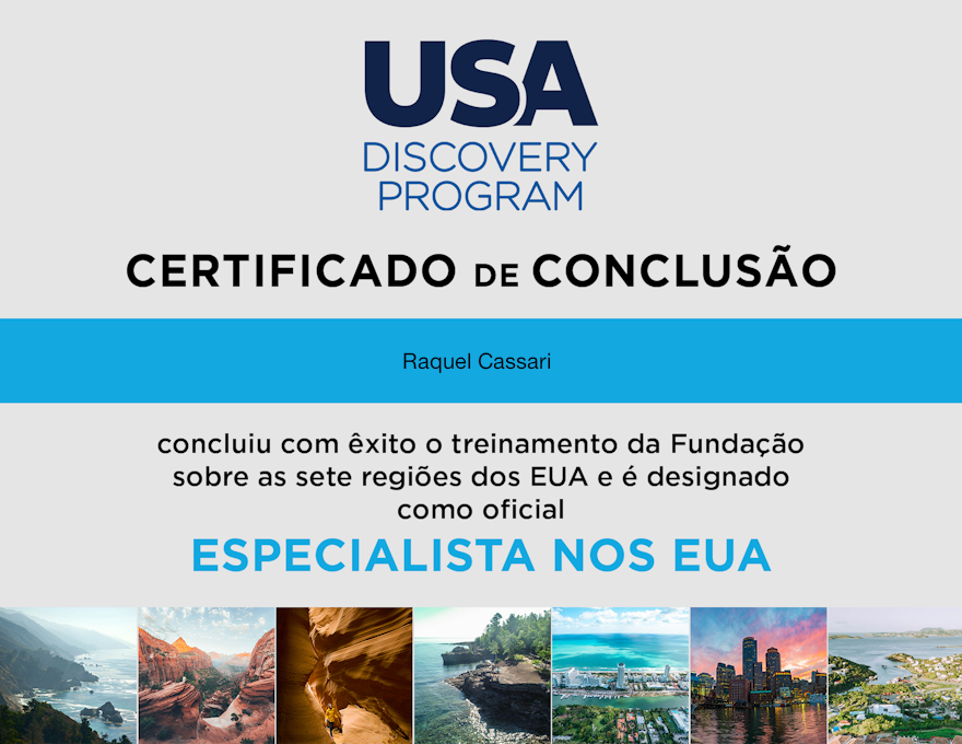 Certificado de Conclusão USA Discovery Program - Raquel Cassari, Especialista nos EUA